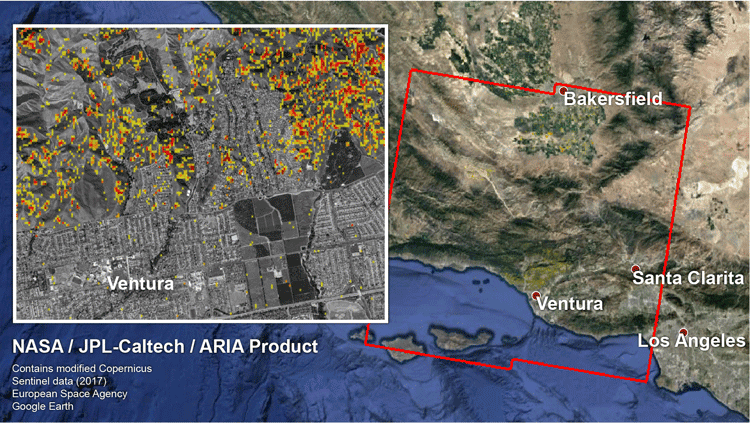 From NASA: Damage Proxy Map (DPM) depicting areas in Southern California that are likely damaged (shown by red and yellow pixels) as a result of recent wildfires, including the Thomas Fire in Ventura and Santa Barbara Counties, highlighted in the attached image taken from the DPM. The map is derived from synthetic aperture radar (SAR) images from the Copernicus Sentinel-1 satellites, operated by the European Space Agency (ESA). The images were taken before (Nov. 28, 2017, 6 a.m. PST) and after (Dec. 10, 2017, 6 a.m. PST) the onset of the fires.
