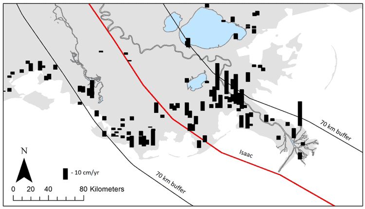 From study: Accretion rates at sites in Southeastern Louisiana within and outside of a 70 km buffer (black lines) from Isaac’s track (red line). Sites located within this buffer contained an average accretion rate of 6.10 cm/year, compared to only 2.34 cm/year for all sites in the state outside of this area (Bianchette et al., 2016).