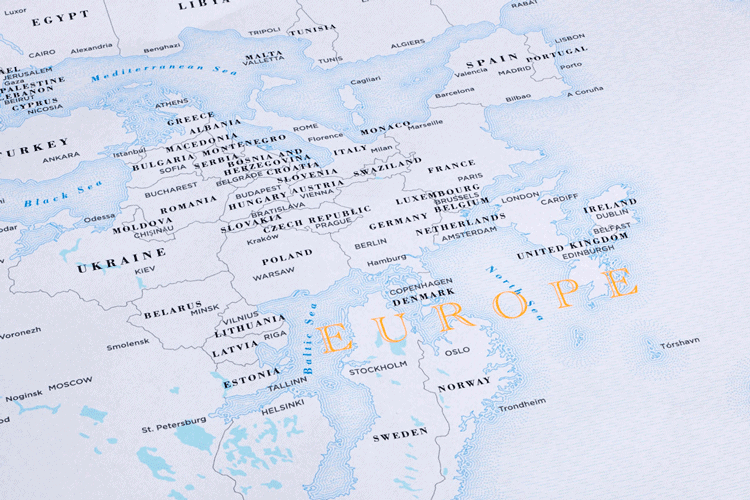 A zoomed in look at Europe from the upside down map by Hyland, 2015. Image: Pentagram.