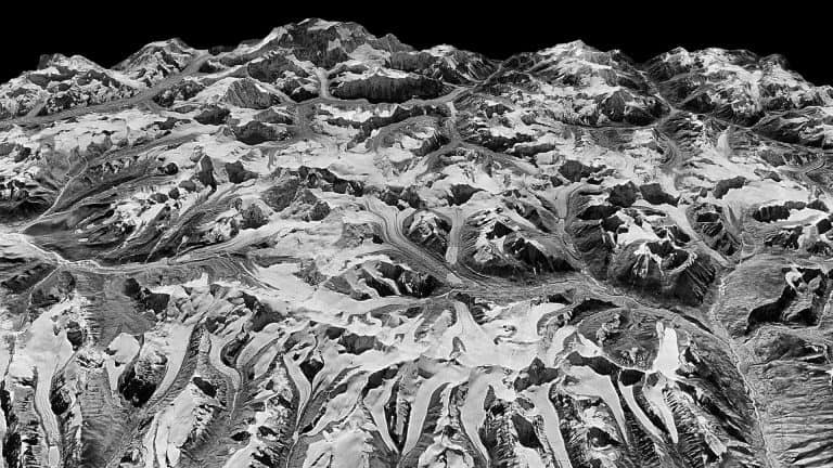 Oblique view of the Himalayas on the border of Sikkim, India and eastern Nepal, captured Dec. 20, 1975 by a KH-9 HEXAGON spy satellite. Such declassified images were used by researchers in a new study of Himalayan glaciers. (National Reconnaissance Office/U.S. Geological Survey). Via Melting of Himalayan Glaciers Has Doubled in Recent Years. Columbia University.