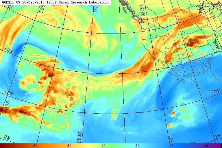 Water vapor imagery of the eastern Pacific Ocean from the GOES 11 satellite, showing a large atmospheric river aimed across California. Image from United States Naval Research Laboratory, Monterey. (Captured December 20, 2010).