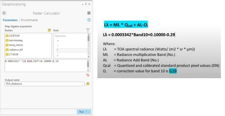Figure 9: Conversion from DN values to TOA radiance in ArcGIS Pro.