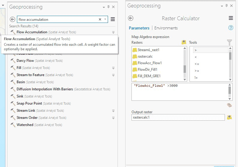 Figure 7: Illustration of “Flow accumulation” and “Raster calculator”