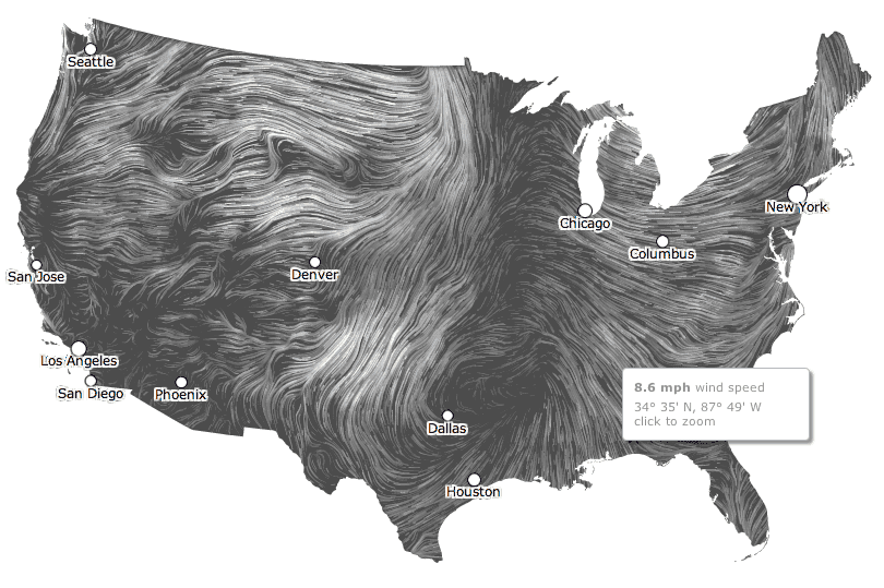 Dynamic Wind Map by Fernanda Viégas and Martin Wattenberg of the site Hint.FM