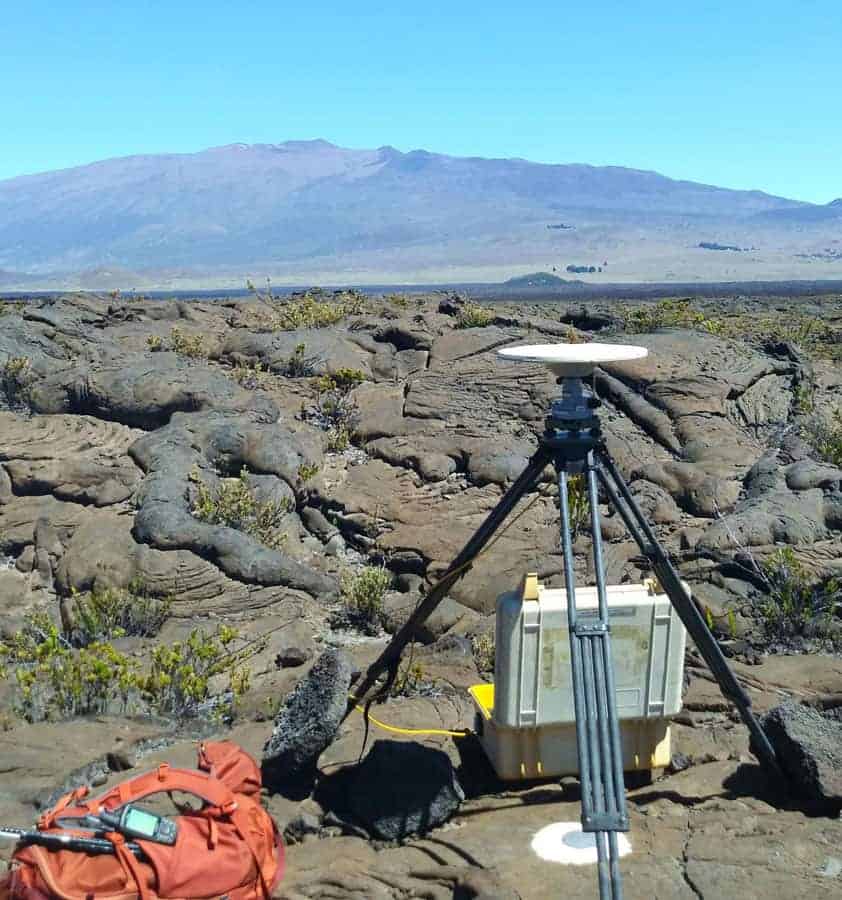 A high-precision Global Positioning System (GPS) survey is completed annually on Mauna Loa. Photo: R. Kramer, USGS. Public domain.