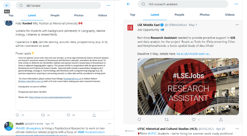 Screenshots showing results from searching Twitter for GIS scholarships.