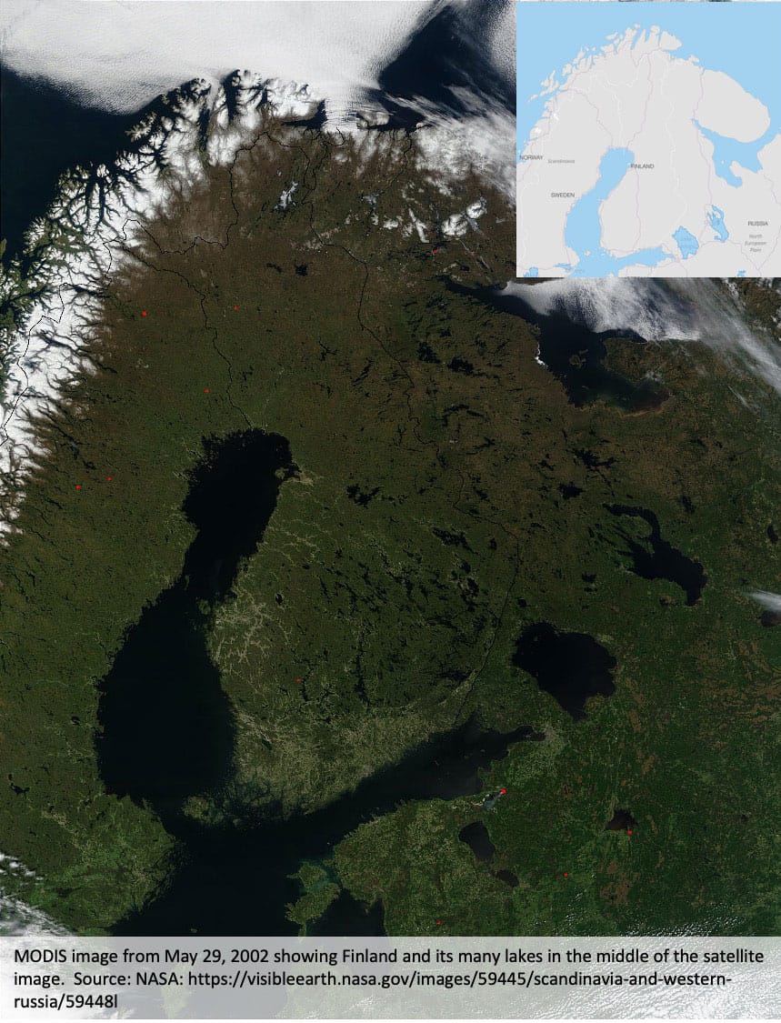 MODIS image from May 29, 2002 showing Finland and its many lakes in the middle of the satellite image. Source: NASA, public domain.