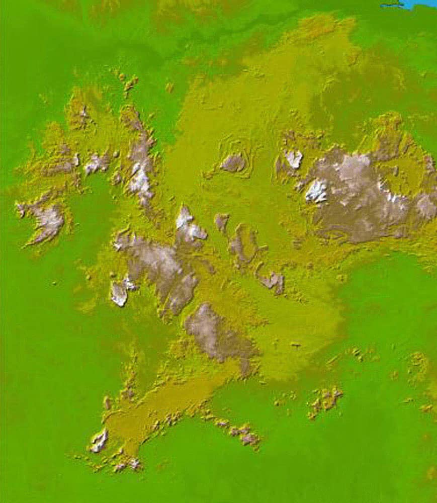 DEM of the the Guiana Highlands straddling the borders of Venezuela, Guyana and Brazil from SRTM30. Image: NASA/JPL/NIMA