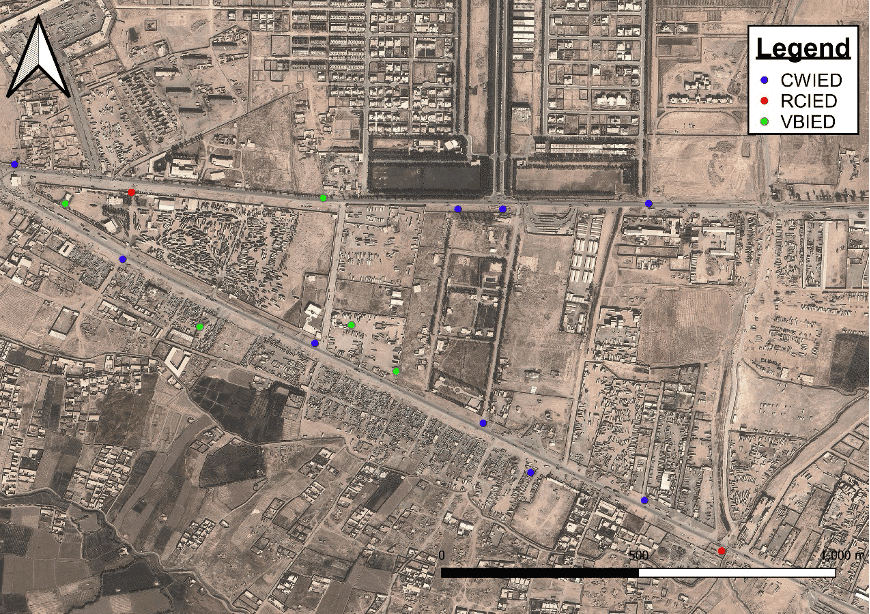 Map with common types of IEDs. They are command-wire improvised explosive device (CWIED), radio controlled improvised explosive device (RCIED), and vehicle-borne improvised explosive device (VBIED). Map: Mike Roberts.