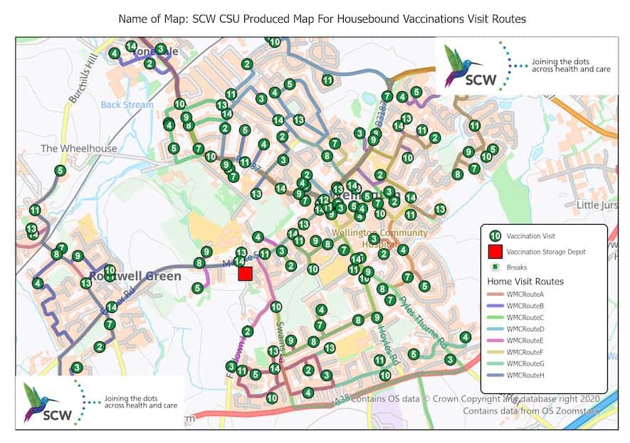 Map with the optimized vaccination routes. Map: SCW CSU.