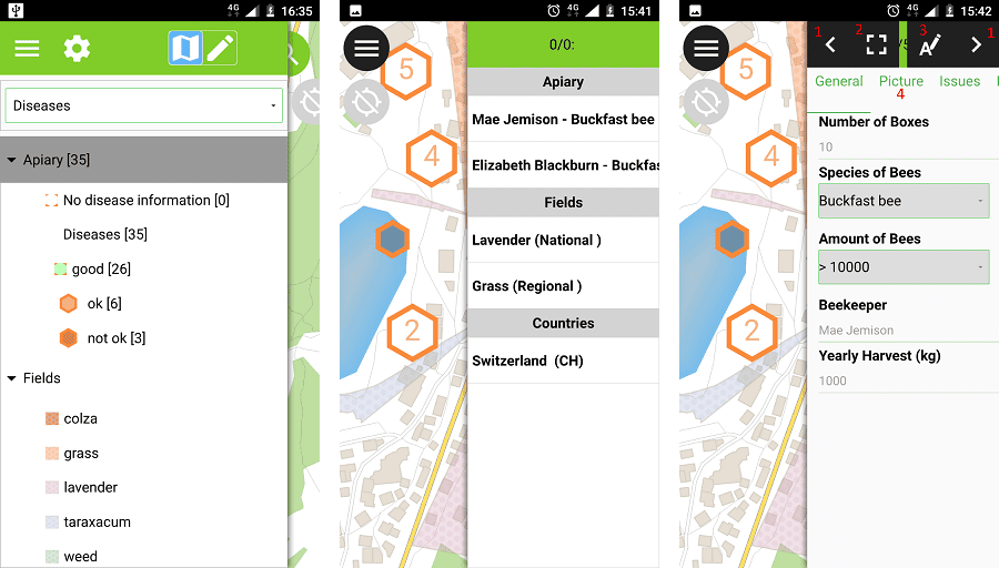 Screenshots from QField, the open source mobile GIS app.