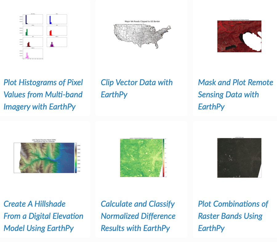 Examples of using EarthPy to work with GIS data. Source: EarthPy Gallery