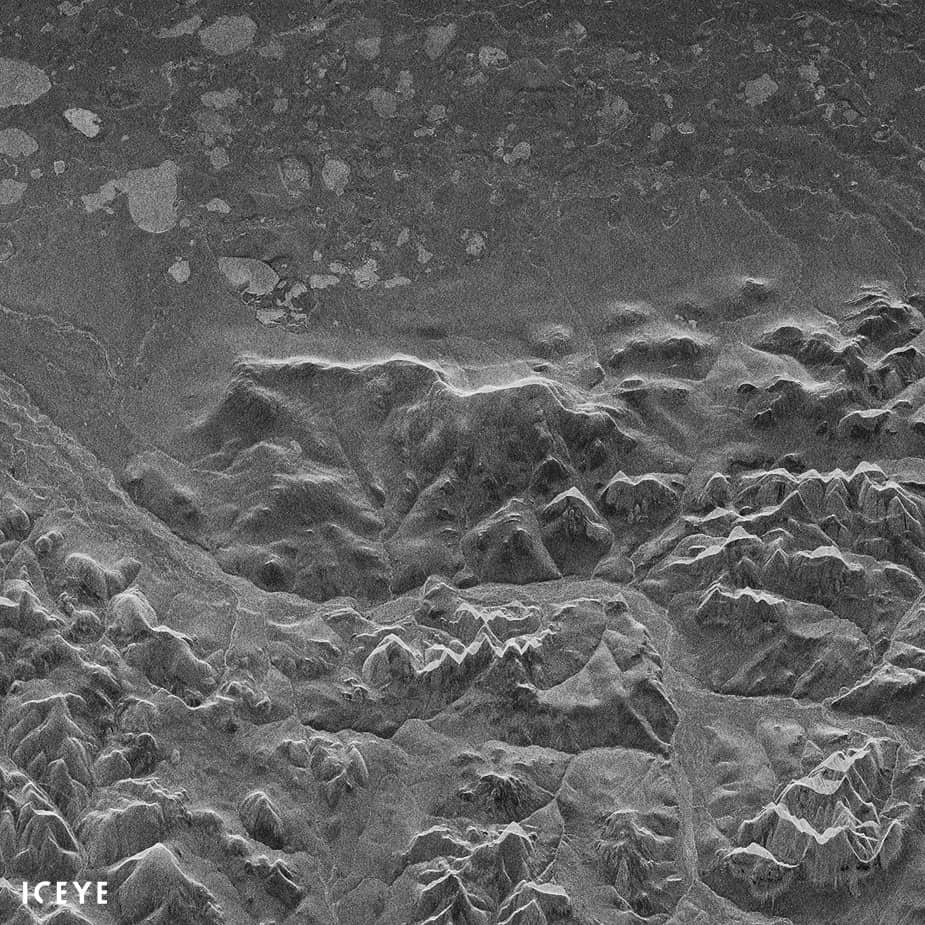 The first radar image obtained with the ICEYE-X1 SAR satellite on 15 January 2018, at 21:47 UTC. The image depicts Noatak National Preserve, Alaska.