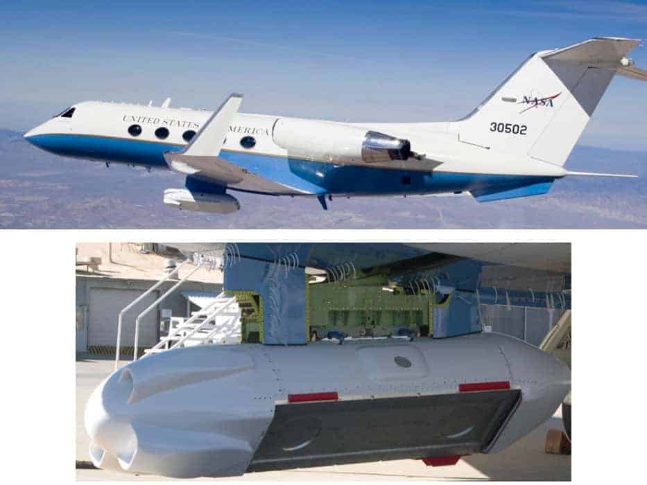 NASA's airborne radar (Uninhabited Aerial Vehicle Synthetic Aperture Radar - UAVSAR) is mounted on the bottom of a Gulfstream III. Photo: NASA.