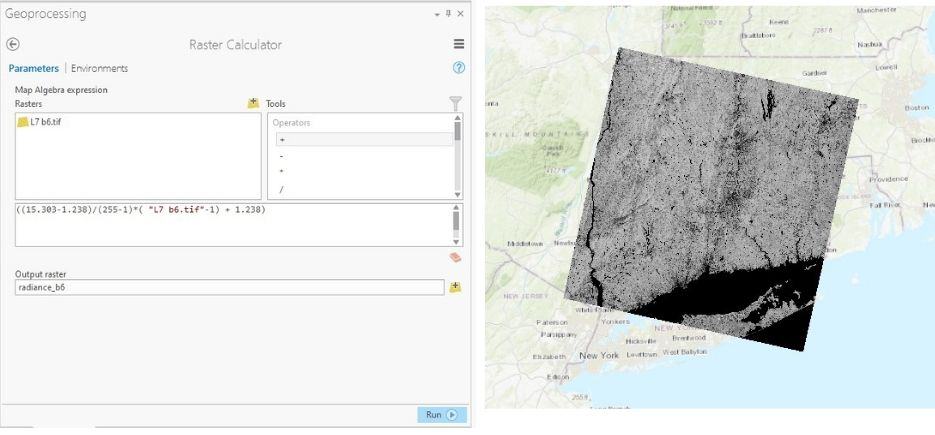 Figure 6: Conversion of DN values to TOA radiance in ArcGIS Pro.