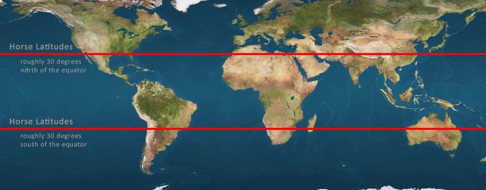 Map showing the location of horse latitudes. Map: NOAA, public domain.