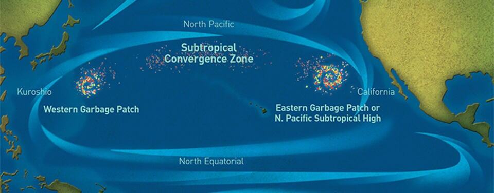Concentrations of marine debris known as the Ocean Garbage Patch in the North Pacific Ocean. Map: NOAA.