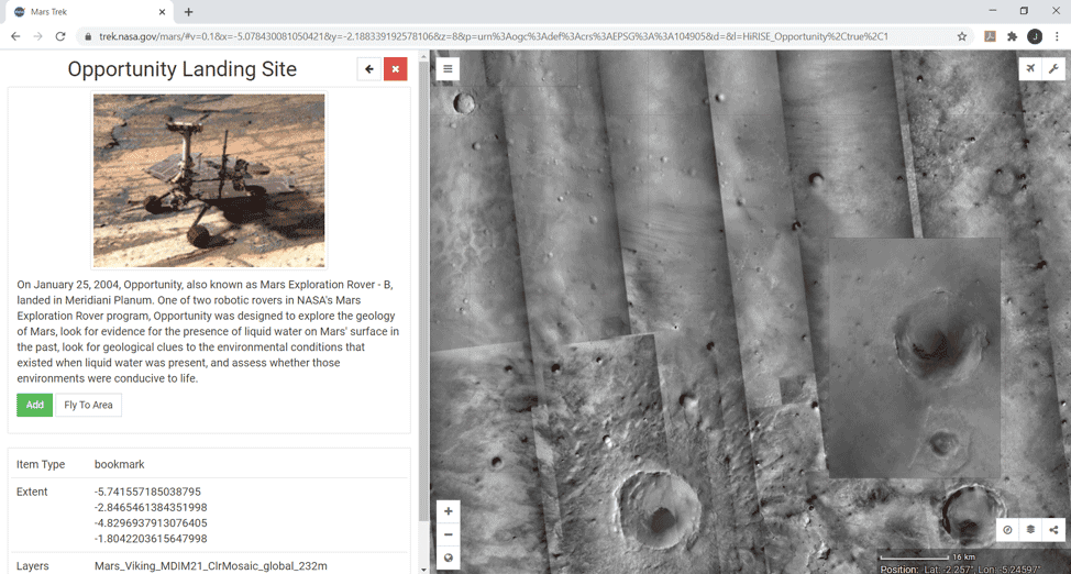 NASA open source Mars Trek Depicting Opportunity’s landing site and mission