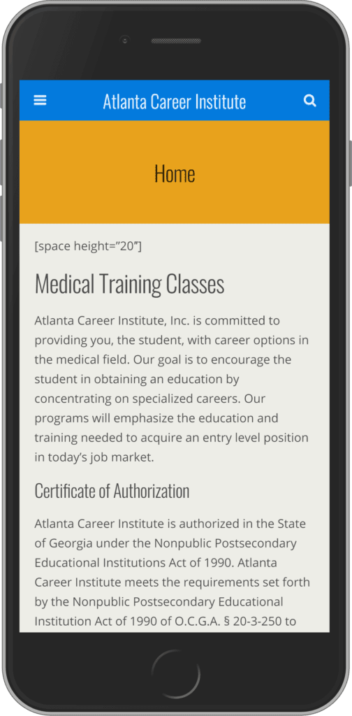 BEFORE screenshot of website on mobile phone before redesign