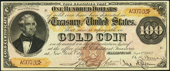 1882 One Hundred Dollar Gold Certificates Countersigned