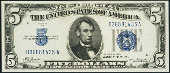 1934 Five Dollar Silver Certificate