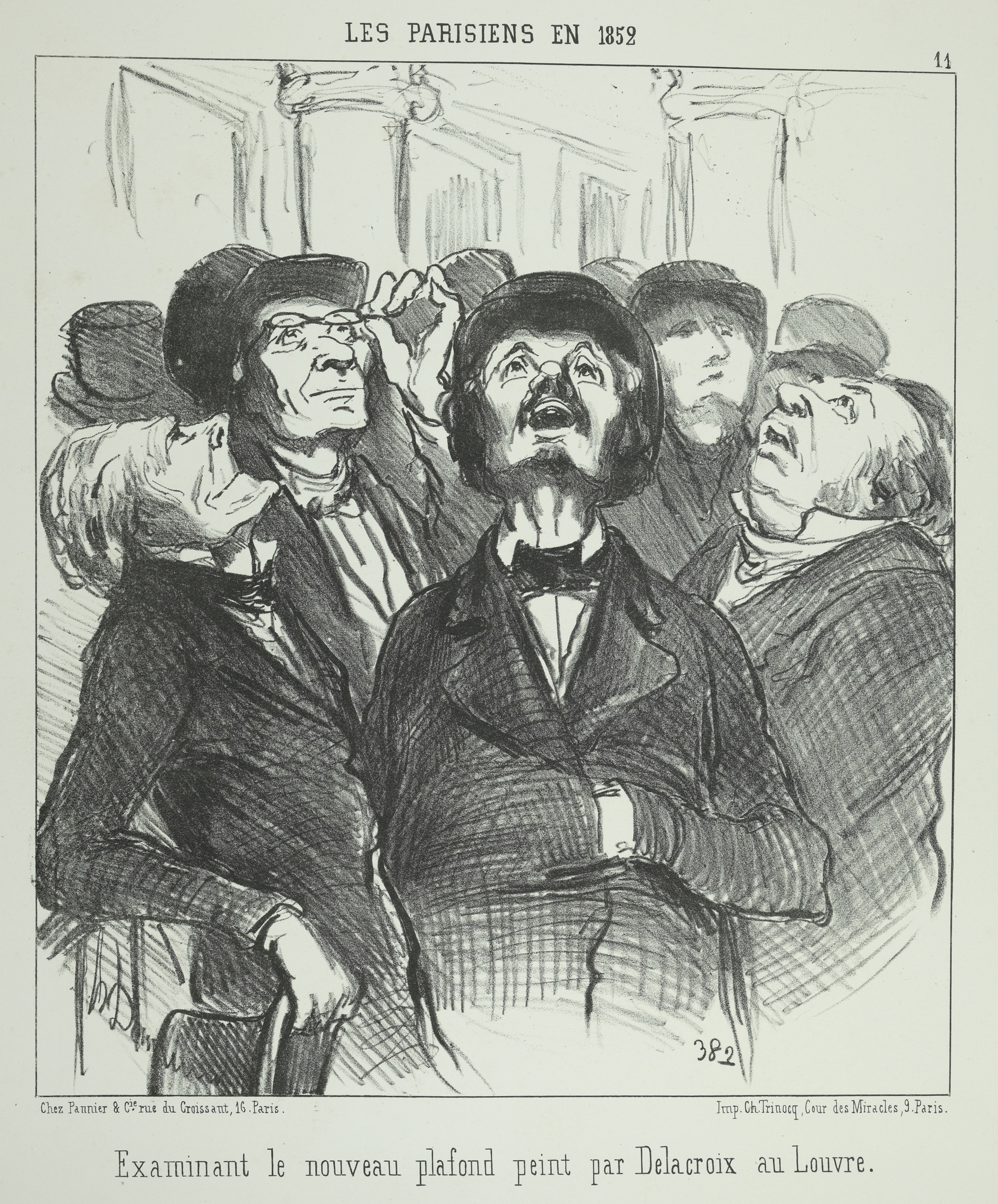 Honoré Daumier, „Besichtigung des neuen Deckengemäldes von Delacroix im Louvre.“, veröffentlicht in der Serie Les Parisiens en 1852 in Le Charivari am 10.03.1852, Lithographie, Privatsammlung Prochnow-Seiffert