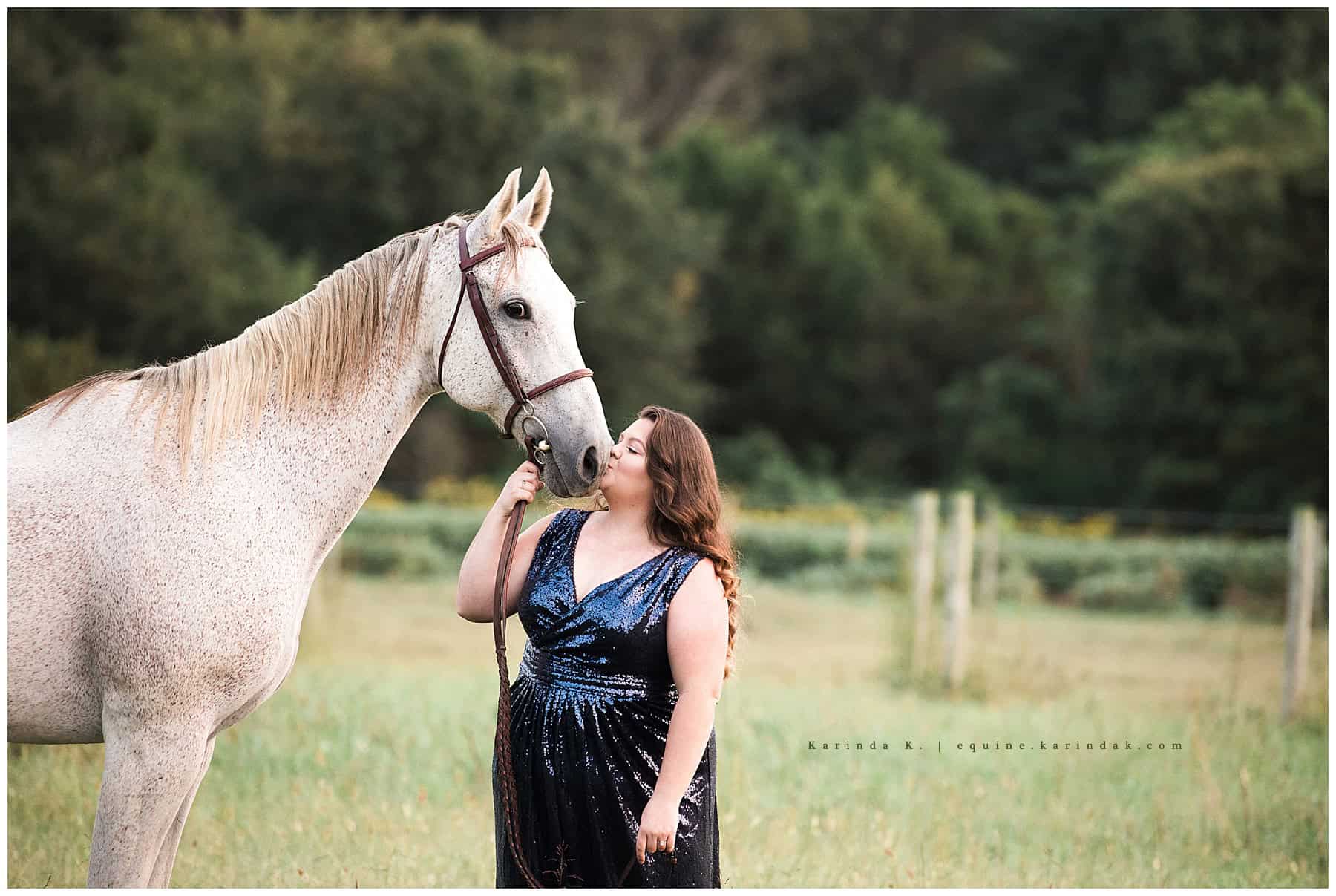 grey horse and rider in blue sparkle gown portrait in field poses