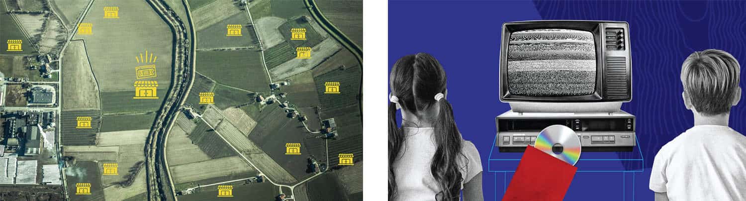 left image: Digital illustration shows a photographic aerial image of road, buildings, fields. The photo is overlaid with bright yellow icons indicating lots of shop locations. Right Image: Digital illustration that shows a photo collage of two kids in front of a vintage tv and a vhs player. A red envelope and cd is coming into the foreground.