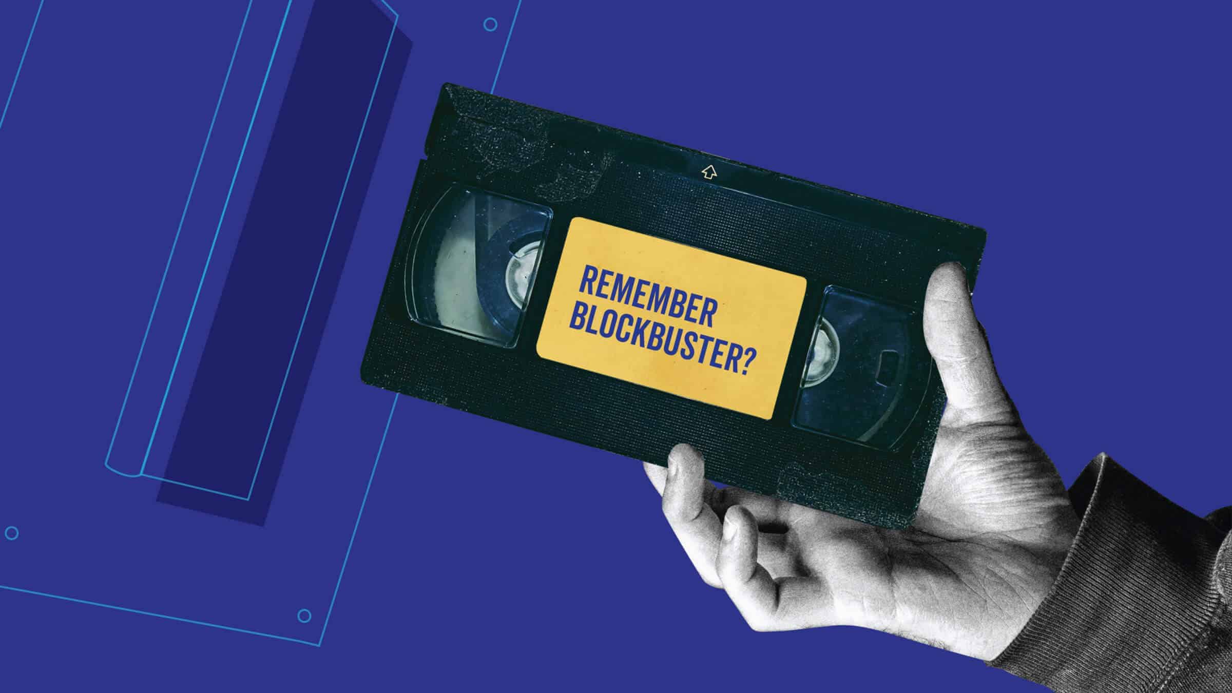 Digital illustration of a hand placing a vhs tape in a return slot. The background is bright royal blue. A bright yellow label on the VHS tape reads 