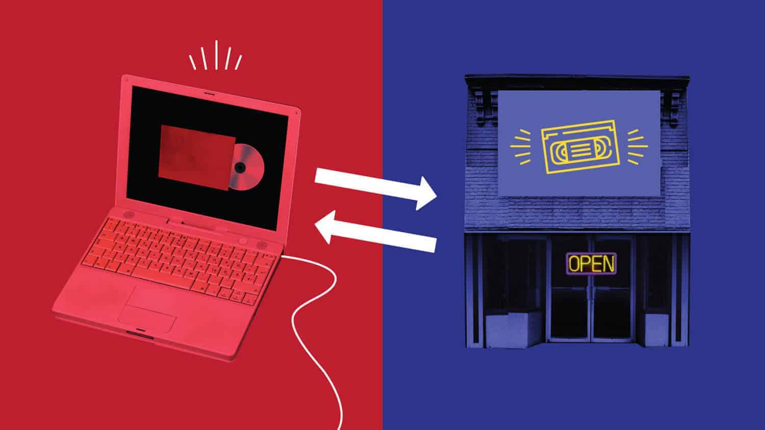 digitally illustrated displaying one half with a bright red laptop on a red background. It's screen shows a red envelope containing a dvd a DVD. the right background is royal blue and shows a building with a big VHS sign.