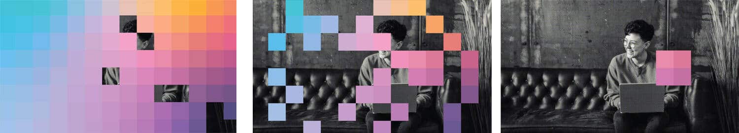 3 image progression showing large rainbow colored pixel blocks being removed to reveal a black and white photo of a person using a laptop