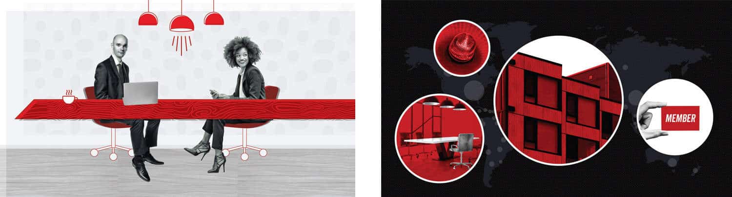 left image: digital illustration of two people sitting at a conference table. The color palette is black red and white. Digital illustration of 4 scenes within circles: a conference room, and emergency light, a modern office building, and a hand holding a member card. The color palette is black red and white.