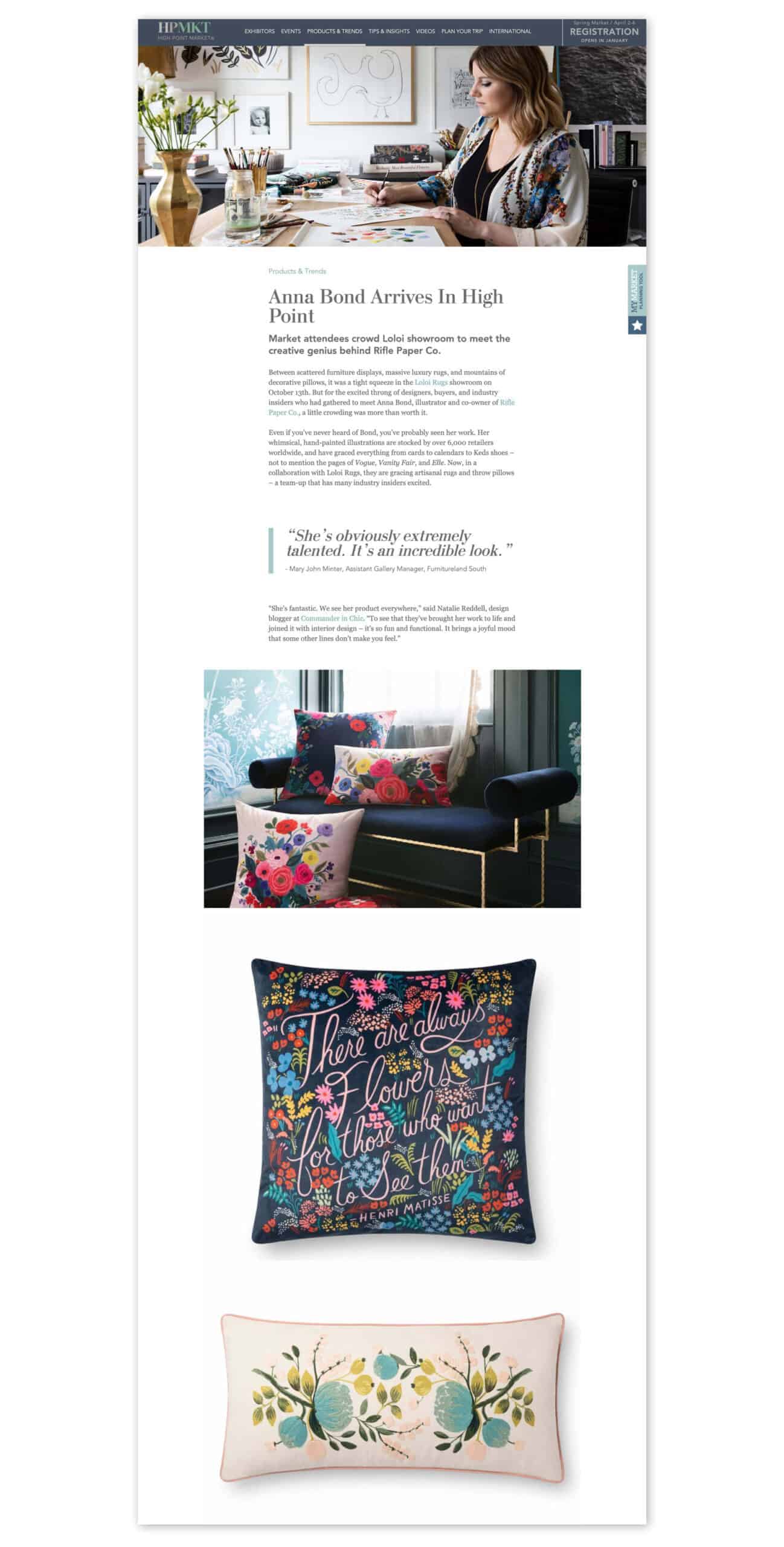 screen capture of High Point Market article page. Design includes colorful photos of an artist and her products