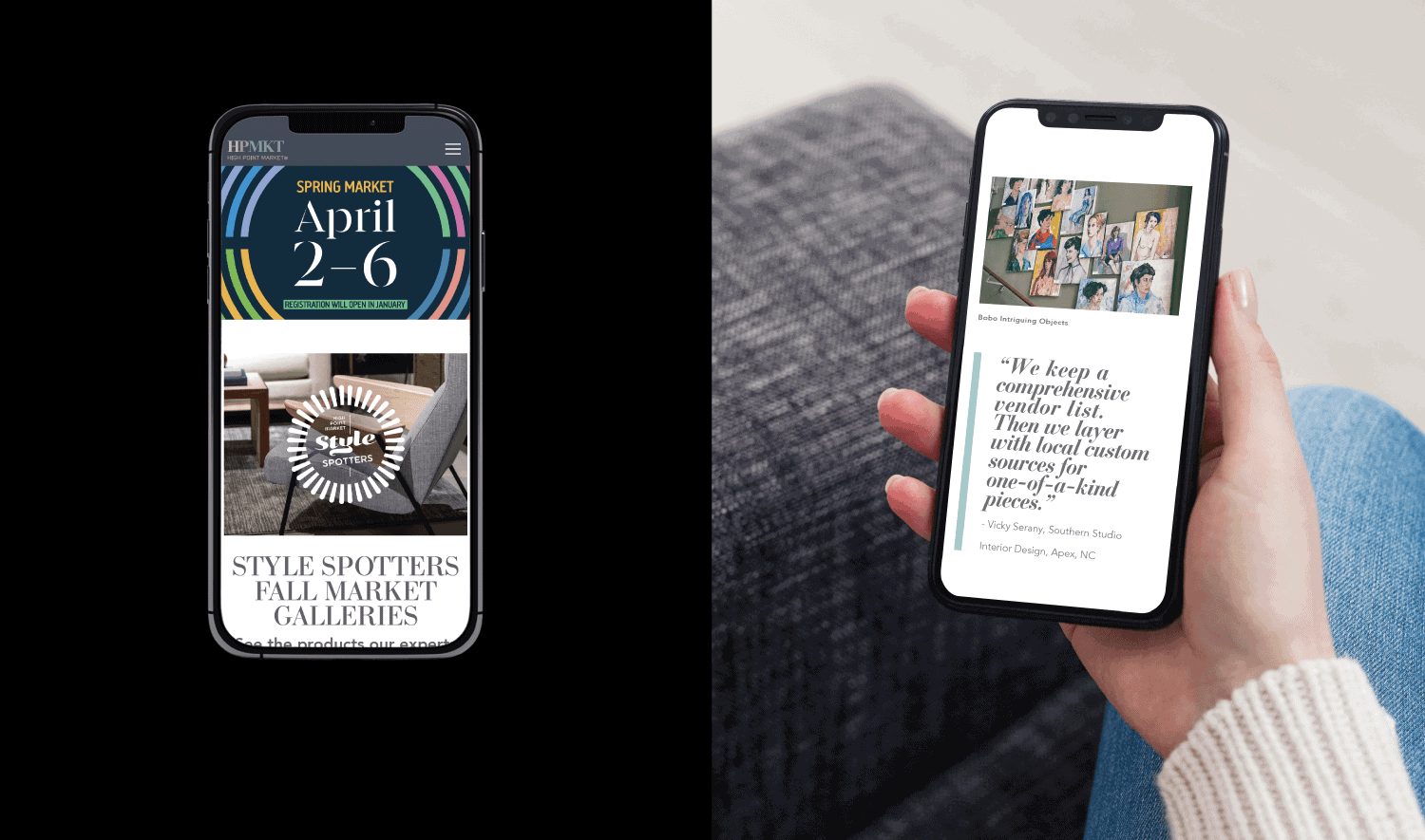 split screen shot of iphone screens. The one on the left shows the High Point Market Homepage. The one on the right shows a hand holding a phone that displays article content.
