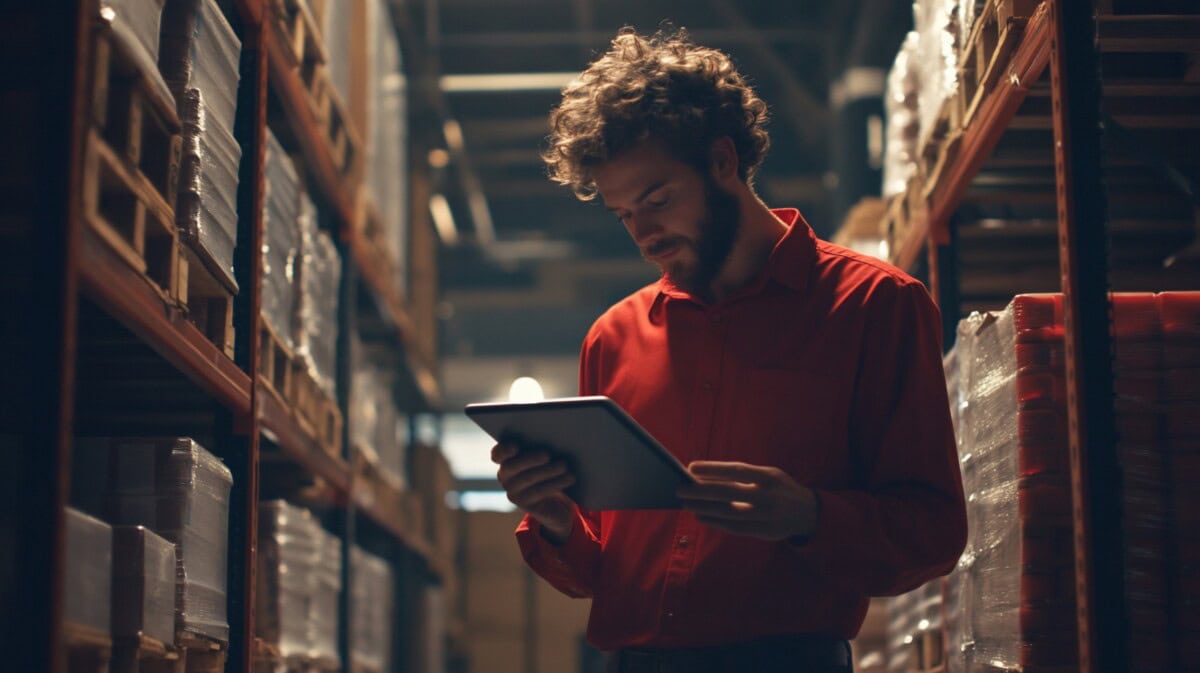 Man using tablet in warehouse aisle, checking inventory.