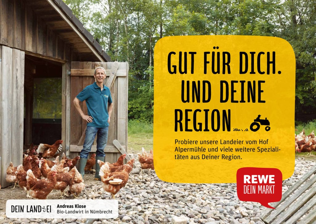 REWE Regional Testimonial Kampagne. Regionale Lieferanten und Landwirte mit ihren Produkten vor Ort, wo die Produkte herkommen