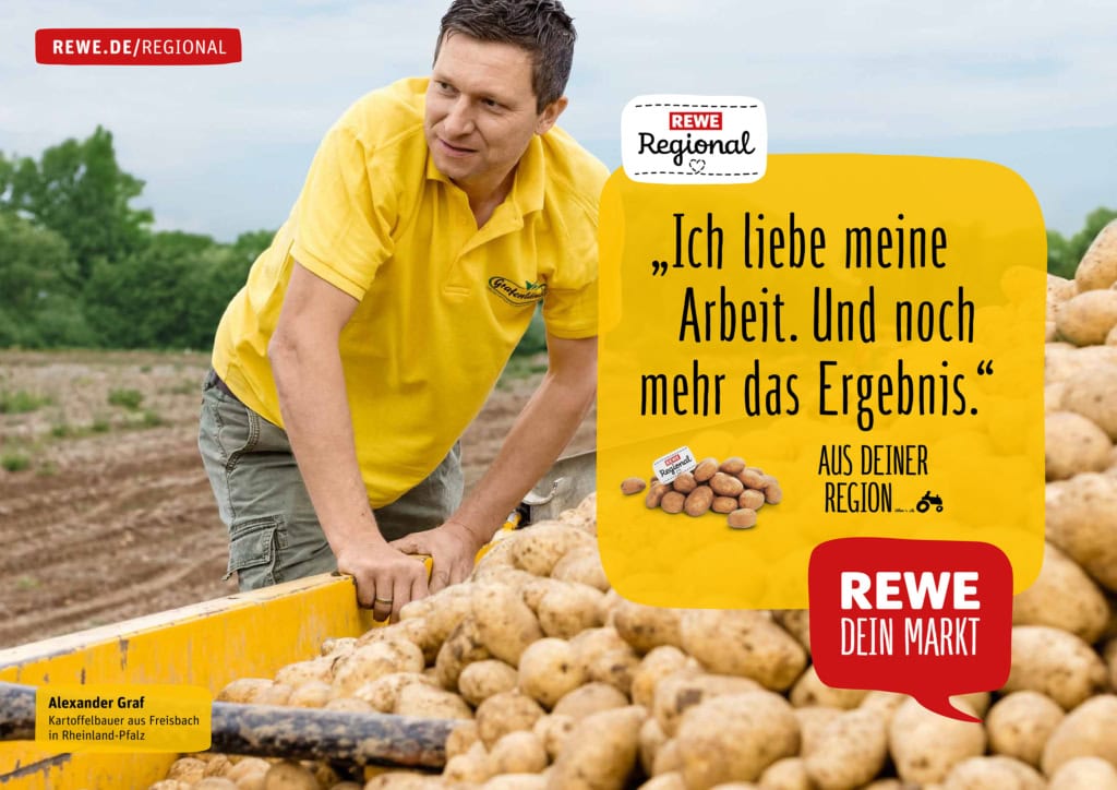 REWE Regional Testimonial Kampagne. Regionale Lieferanten und Landwirte mit ihren Produkten vor Ort, wo die Produkte herkommen