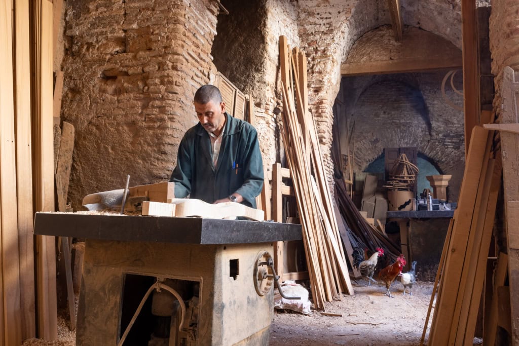Fez, Morocco, has a long tradition of arts and crafts. I visited and photographed artisans from a variety of fields in their workshops. Wood-work.