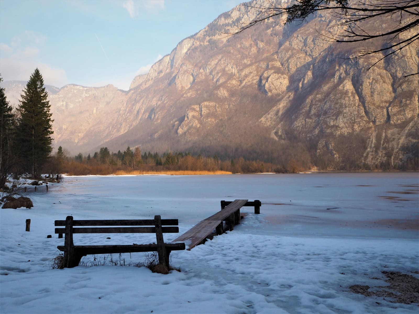Banc et ponton sur le lac Bohinj