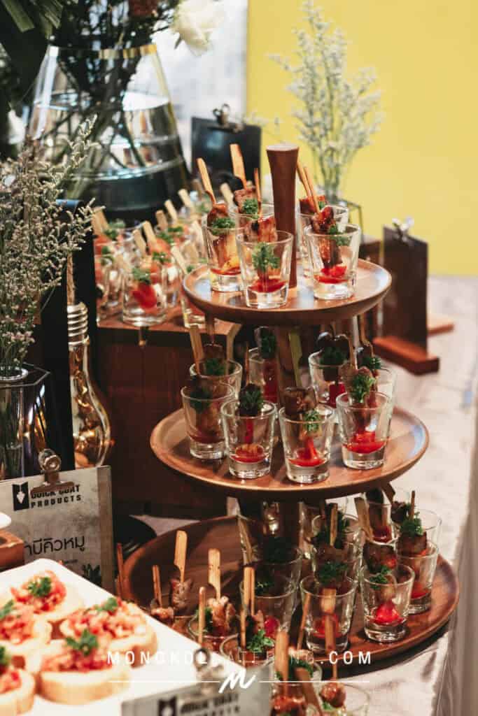Delicious Thai appetizers served in shot glasses at Mongkol Catering event in Thailand.