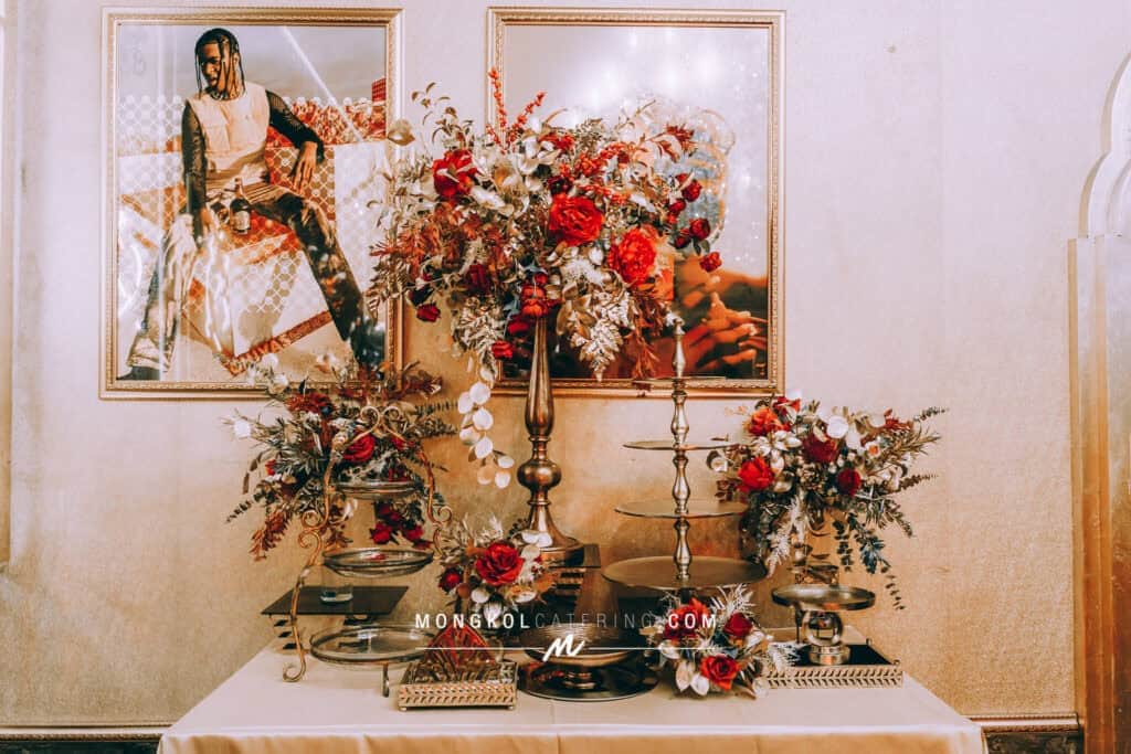 Elegant floral centerpieces and artwork at Mongkol Catering event service in Thailand.