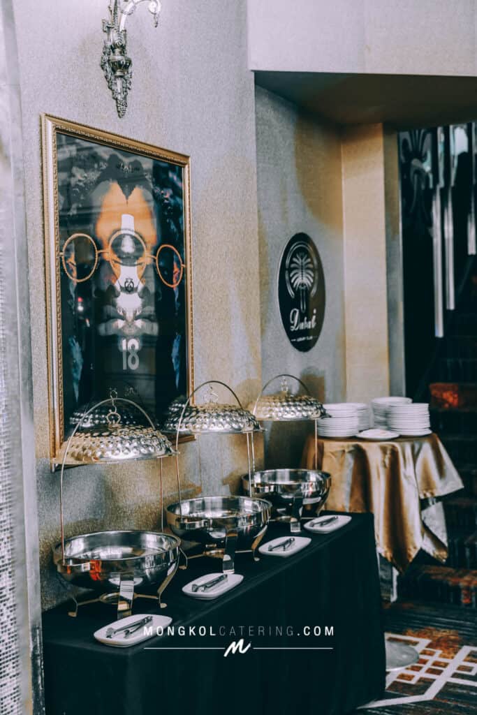 Elegant event catering setup with buffet chafing dishes at Mongkol Catering Thailand.