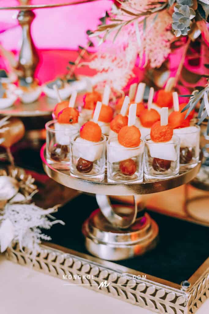 Elegant savory and sweet appetizers displayed at a Thai event catering service.
