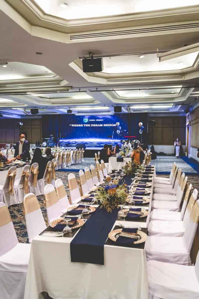 Elegant event banquet setup in a Thailand hotel ballroom for corporate or wedding celebrations.