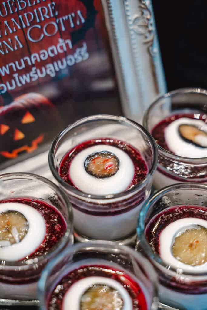 Delicious Halloween-themed jelly desserts served in small glasses in Thailand. Perfect for parties and event catering.