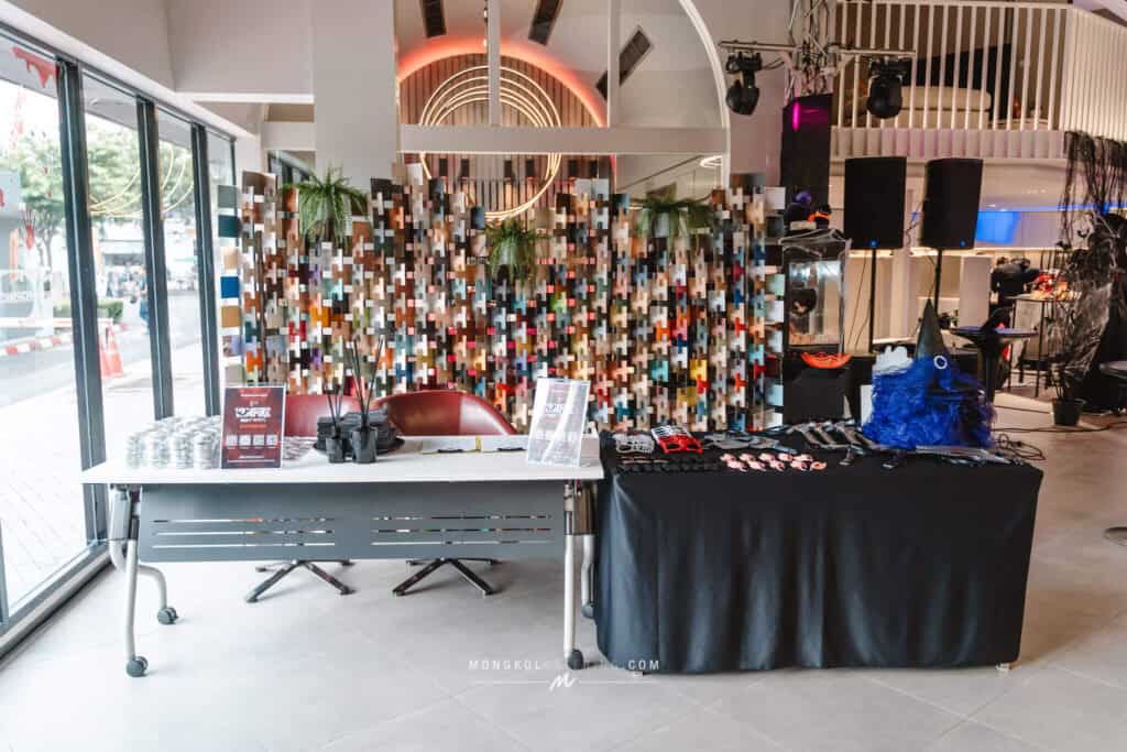 Colorful event decoration and merchandise setup at Mongkol Catering in Thailand for parties and celebrations.