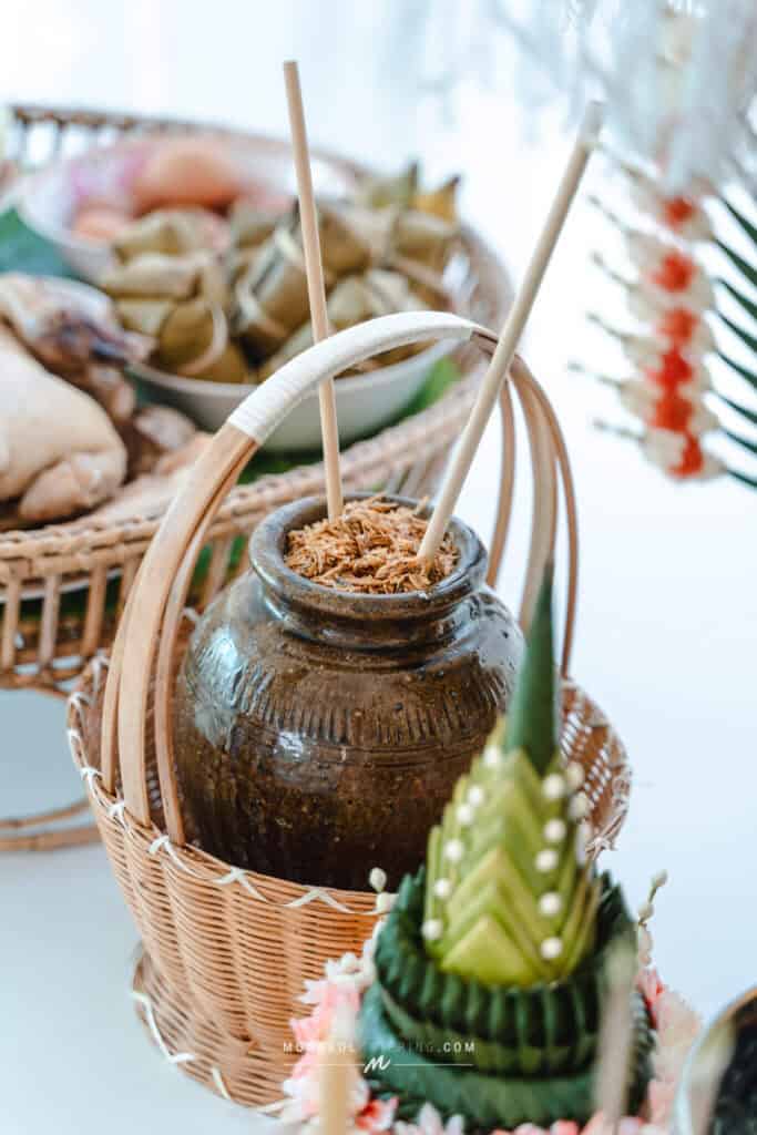 Fresh traditional Thai offerings for events in Thailand, featuring crafted food items and decorative arrangements.