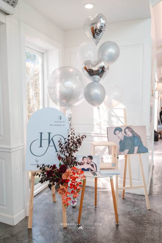 Balloon decorations with photos at Mongkol Catering event in Thailand.