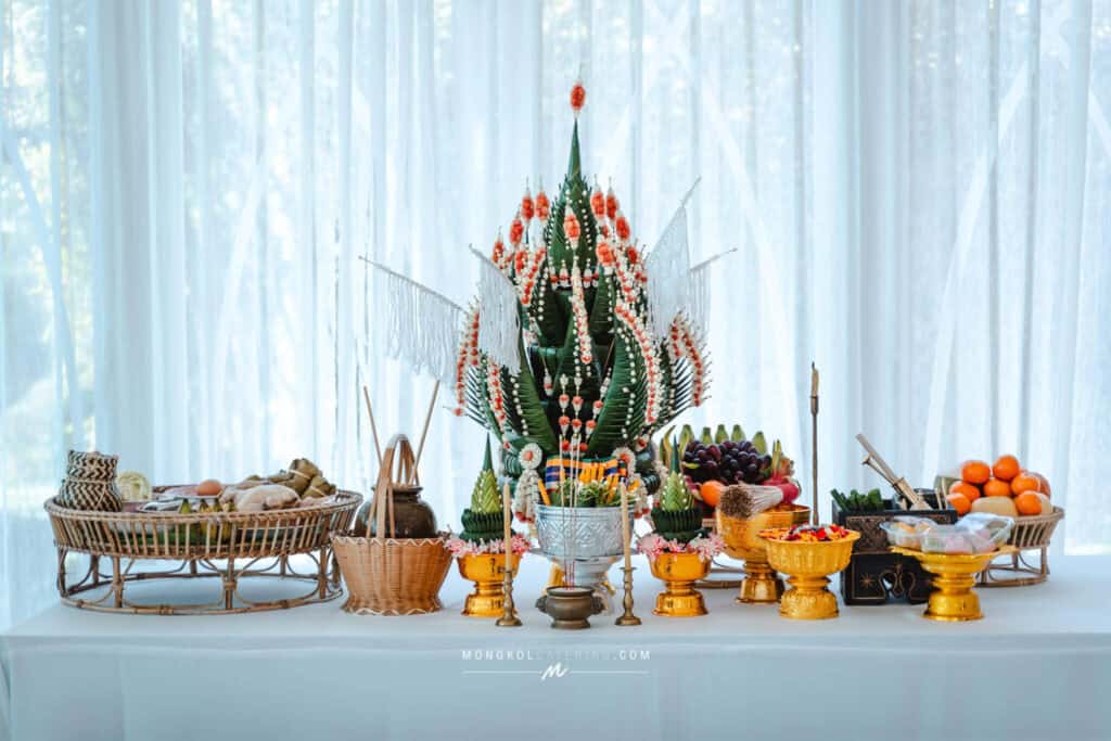 Colorful traditional Thai offering arrangement for ceremonies in Thailand.