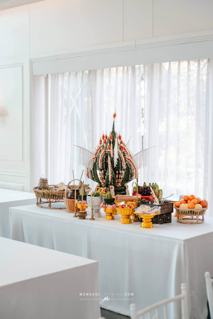 Colorful traditional Thai floral arrangement and offerings for wedding ceremony in Thailand.
